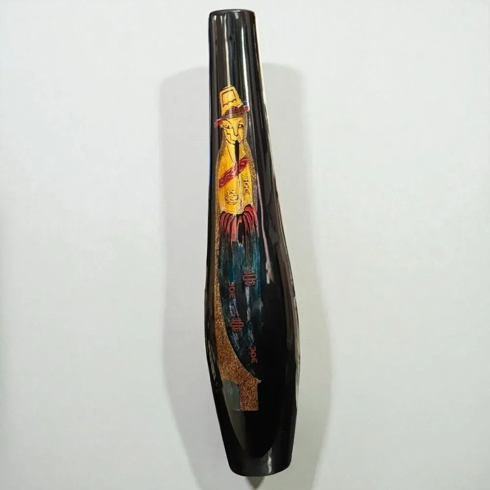 Vintage Japanese Gilded Gold Black Lacquer Tall Vase